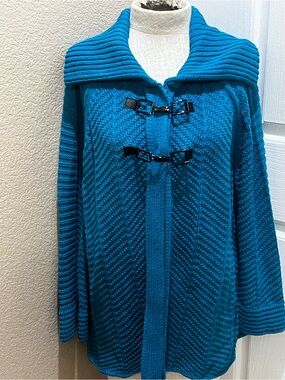 JM Collection Teal Textured Toggle Cardigan Sweater Shawl Collar Size L